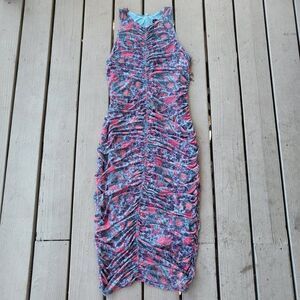 House of Harlow 1960 Bodycon Midi Dress Sleeveless Floral Pattern Ruched Pink XL